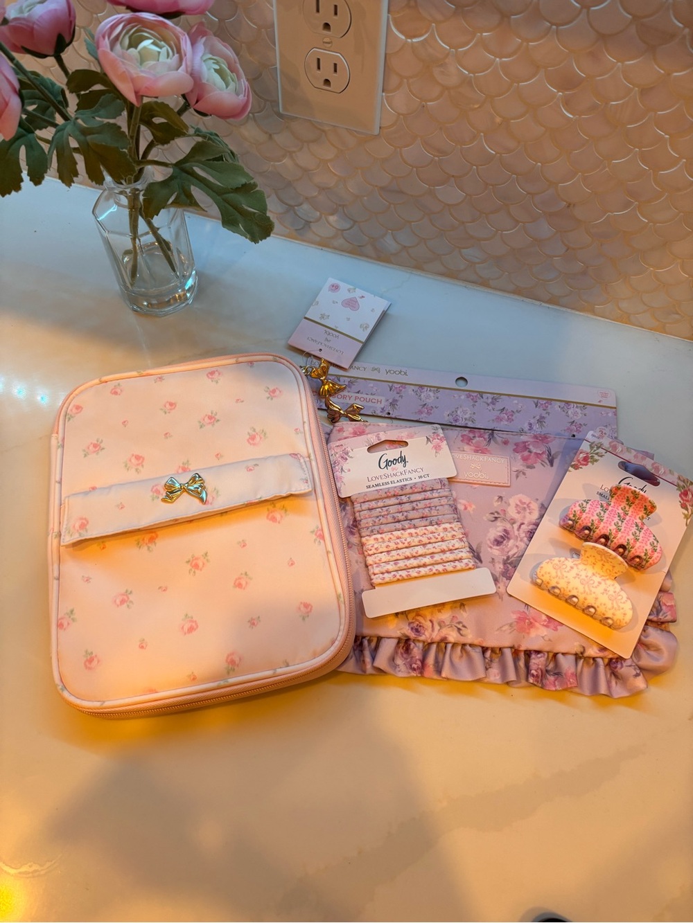 LoveShackFancy Pink Floral Tablet Case & Hair Accessories Set